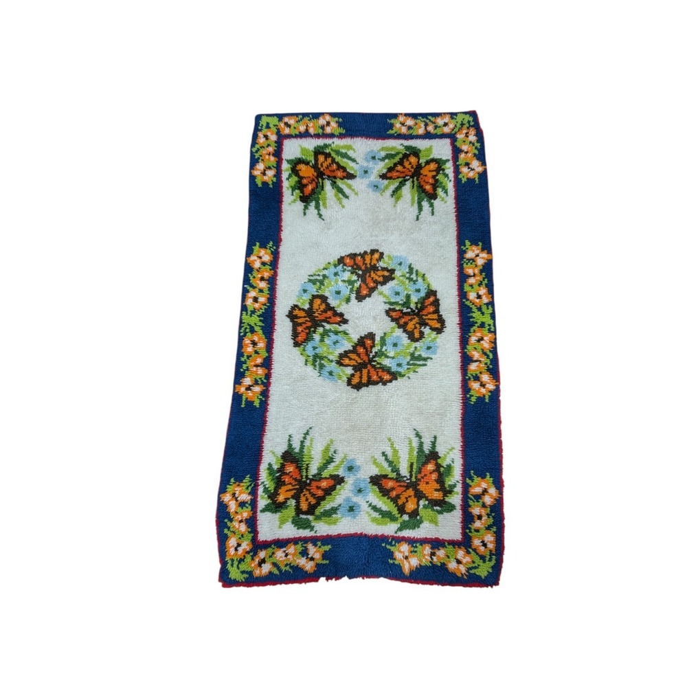 Vintage‎ Latch Hook Butterfly Rug 56x29 Handmade Monarch Floral Wall Hanging